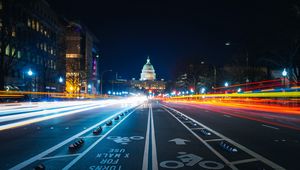 Preview wallpaper night city, long-term exposure, city lights, road, marking, architecture