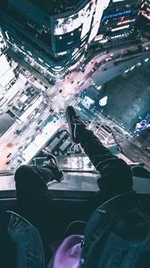 Preview wallpaper night city, man, legs, top view, overview