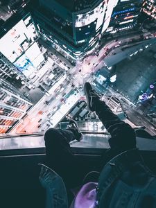 Preview wallpaper night city, man, legs, top view, overview