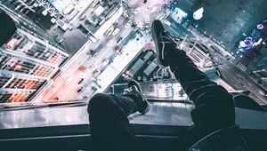 Preview wallpaper night city, man, legs, top view, overview