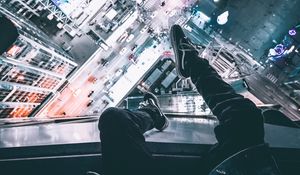 Preview wallpaper night city, man, legs, top view, overview