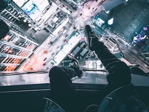 Preview wallpaper night city, man, legs, top view, overview