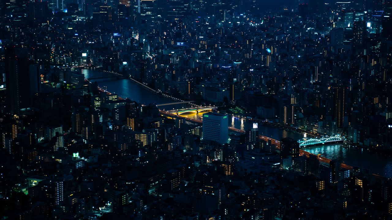 Wallpaper night city, metropolis, aerial view, architecture, dark
