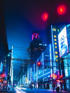 Preview wallpaper night city, neon, buildings, road