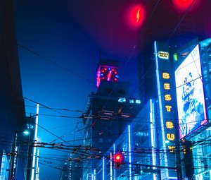 Preview wallpaper night city, neon, buildings, road