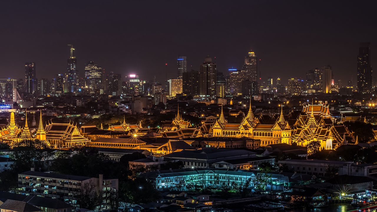Wallpaper night city, palace, city lights, bangkok, thailand