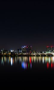 Preview wallpaper night city, panorama, city lights, horizon, sea