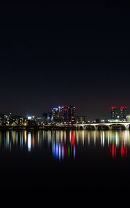 Preview wallpaper night city, panorama, city lights, horizon, sea