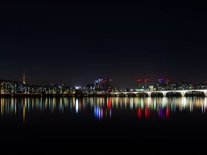 Preview wallpaper night city, panorama, city lights, horizon, sea