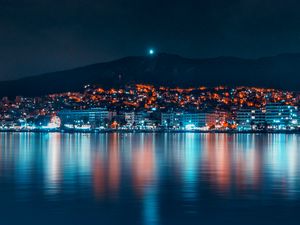 Preview wallpaper night city, panorama, coast, night, reflection