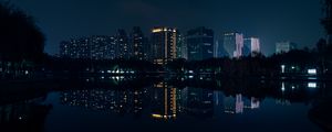 Preview wallpaper night city, panorama, river, reflection, buildings