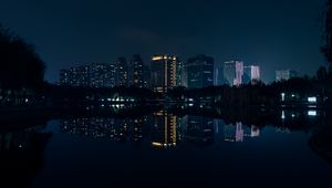 Preview wallpaper night city, panorama, river, reflection, buildings