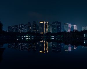 Preview wallpaper night city, panorama, river, reflection, buildings