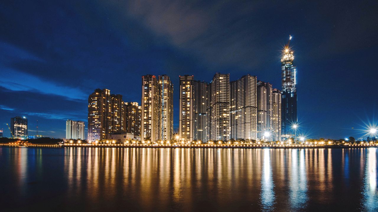 Wallpaper night city, panorama, shore