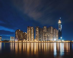 Preview wallpaper night city, panorama, shore