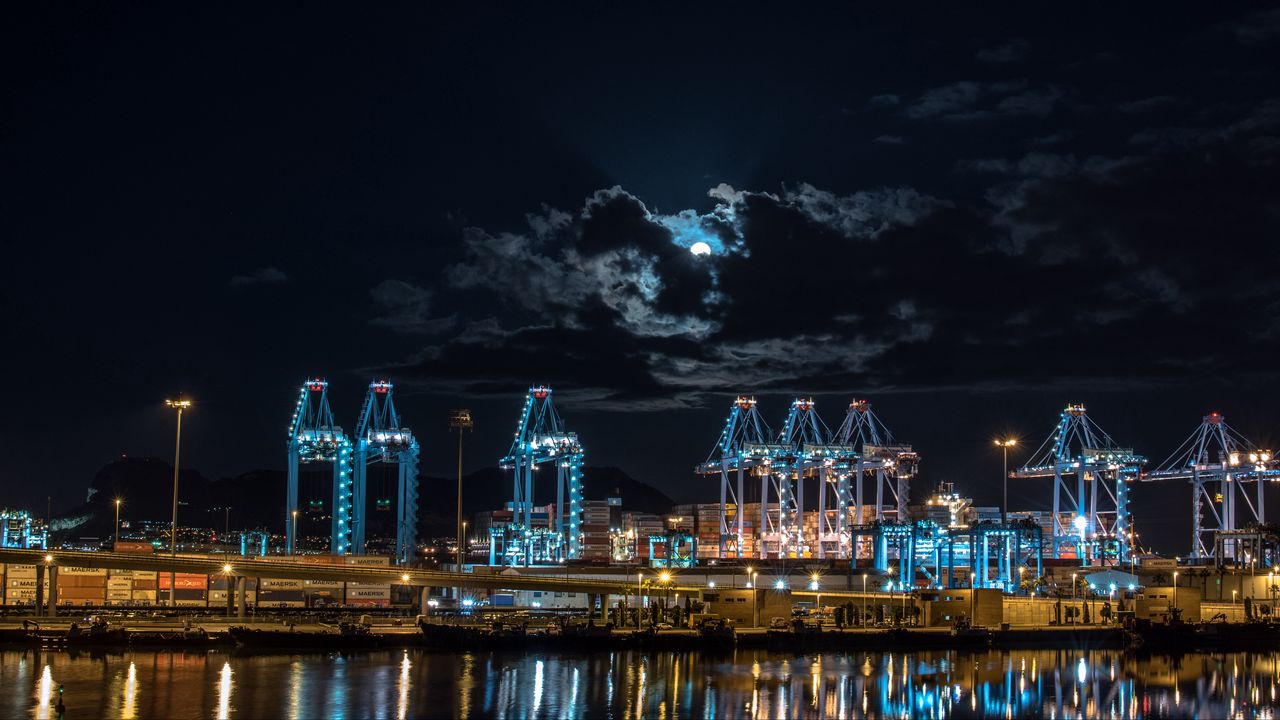 Wallpaper night city, port, lights, moon, night