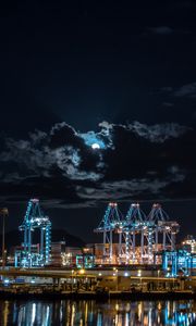 Preview wallpaper night city, port, lights, moon, night