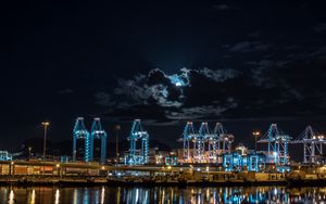 Preview wallpaper night city, port, lights, moon, night