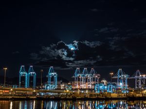 Preview wallpaper night city, port, lights, moon, night