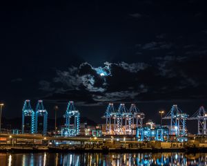 Preview wallpaper night city, port, lights, moon, night