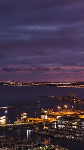 Preview wallpaper night city, port, pier, top view