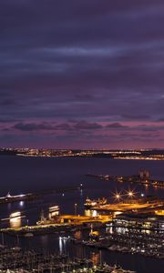Preview wallpaper night city, port, pier, top view