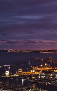 Preview wallpaper night city, port, pier, top view