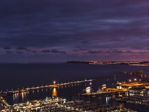 Preview wallpaper night city, port, pier, top view