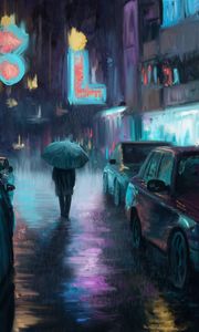 Preview wallpaper night city, rain, art, painting, silhouette, street, cars