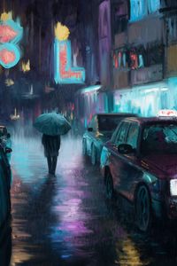 Preview wallpaper night city, rain, art, painting, silhouette, street, cars