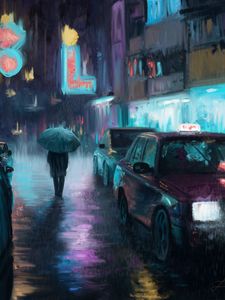 Preview wallpaper night city, rain, art, painting, silhouette, street, cars