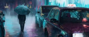 Preview wallpaper night city, rain, art, painting, silhouette, street, cars