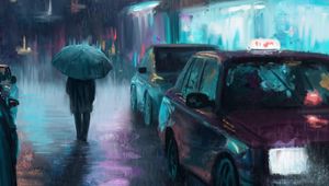 Preview wallpaper night city, rain, art, painting, silhouette, street, cars