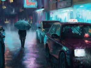 Preview wallpaper night city, rain, art, painting, silhouette, street, cars