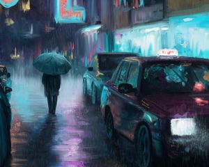 Preview wallpaper night city, rain, art, painting, silhouette, street, cars