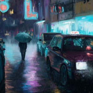 Preview wallpaper night city, rain, art, painting, silhouette, street, cars