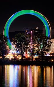 Preview wallpaper night city, river, ferris wheel, long exposure, light