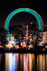 Preview wallpaper night city, river, ferris wheel, long exposure, light