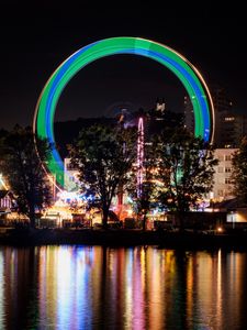 Preview wallpaper night city, river, ferris wheel, long exposure, light