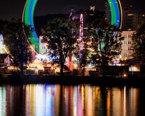 Preview wallpaper night city, river, ferris wheel, long exposure, light