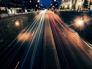 Preview wallpaper night, city, road, lights, motion, speed, street, car