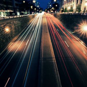 Preview wallpaper night, city, road, lights, motion, speed, street, car