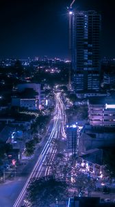 Preview wallpaper night city, road, aerial view, lights, movement