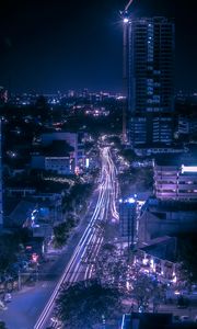 Preview wallpaper night city, road, aerial view, lights, movement