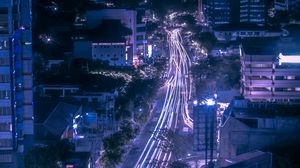 Preview wallpaper night city, road, aerial view, lights, movement