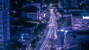 Preview wallpaper night city, road, aerial view, lights, movement