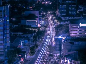 Preview wallpaper night city, road, aerial view, lights, movement