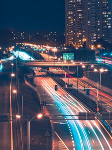 Preview wallpaper night city, road, aerial view, lights