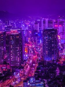 Preview wallpaper night city, road, architecture, lights, neon