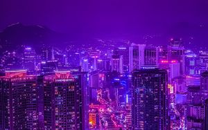 Preview wallpaper night city, road, architecture, lights, neon